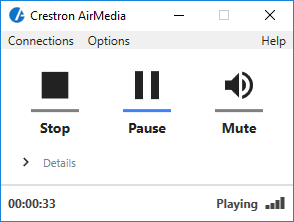 Screenshot of AirMedia software controls to stop, pause, or mute the connection.