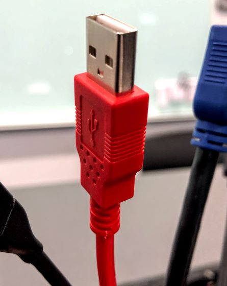 Photo of red USB cable provided to connect to the Audio/Video Bar