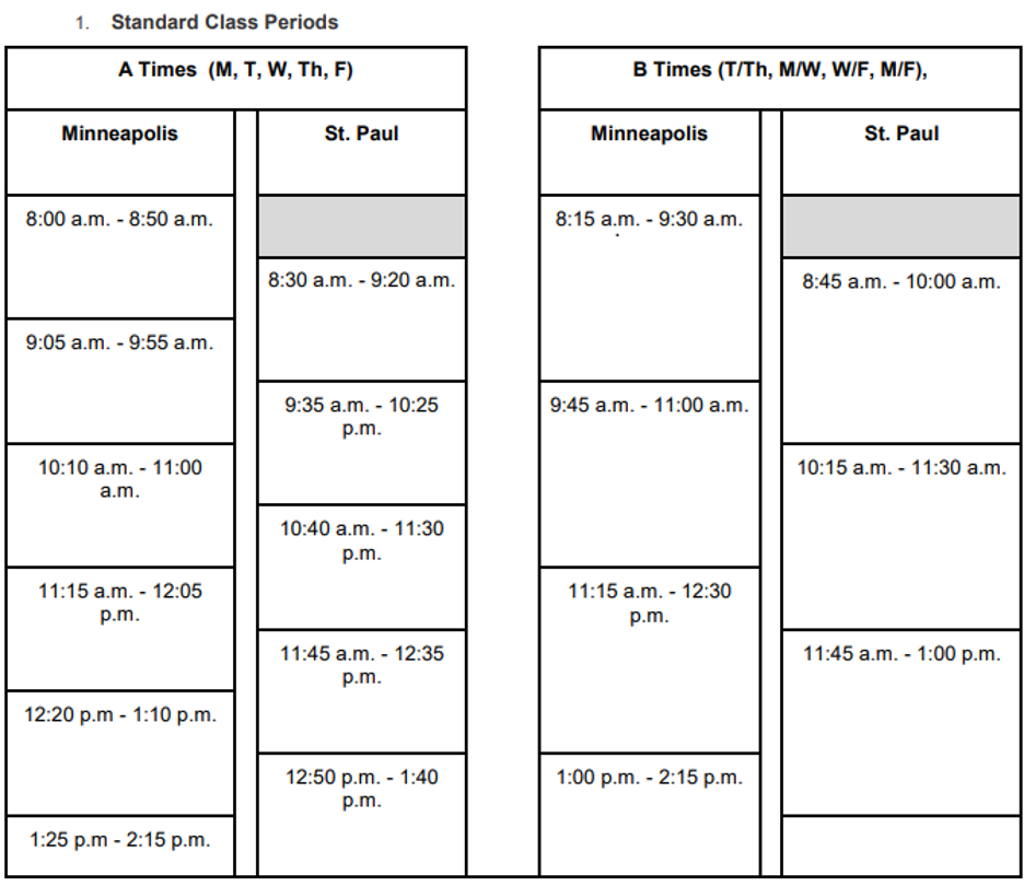Standard meeting times for the Twin Cities Campus