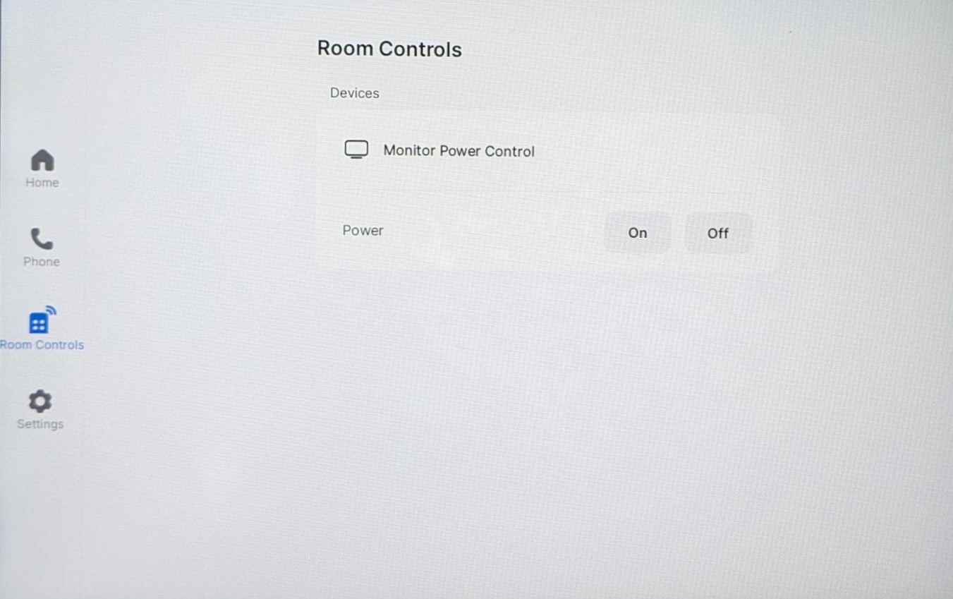 Touchscreen showing Room Controls sub-menu where the buttons for display control on and off are located